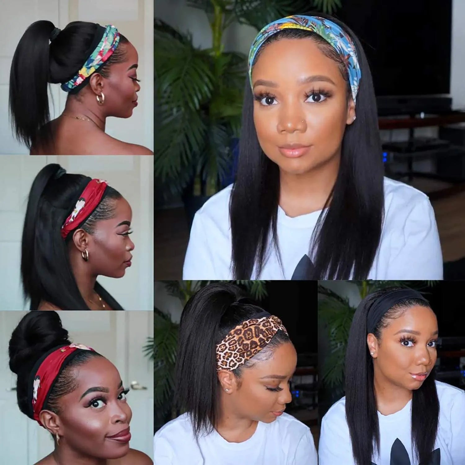 Perruque bandeau en cheveux humains lisses pour femmes noires, sans colle, sans lace front, cheveux vierges brésiliens, confectionnée à la machine, densité 180 %, couleur naturelle
