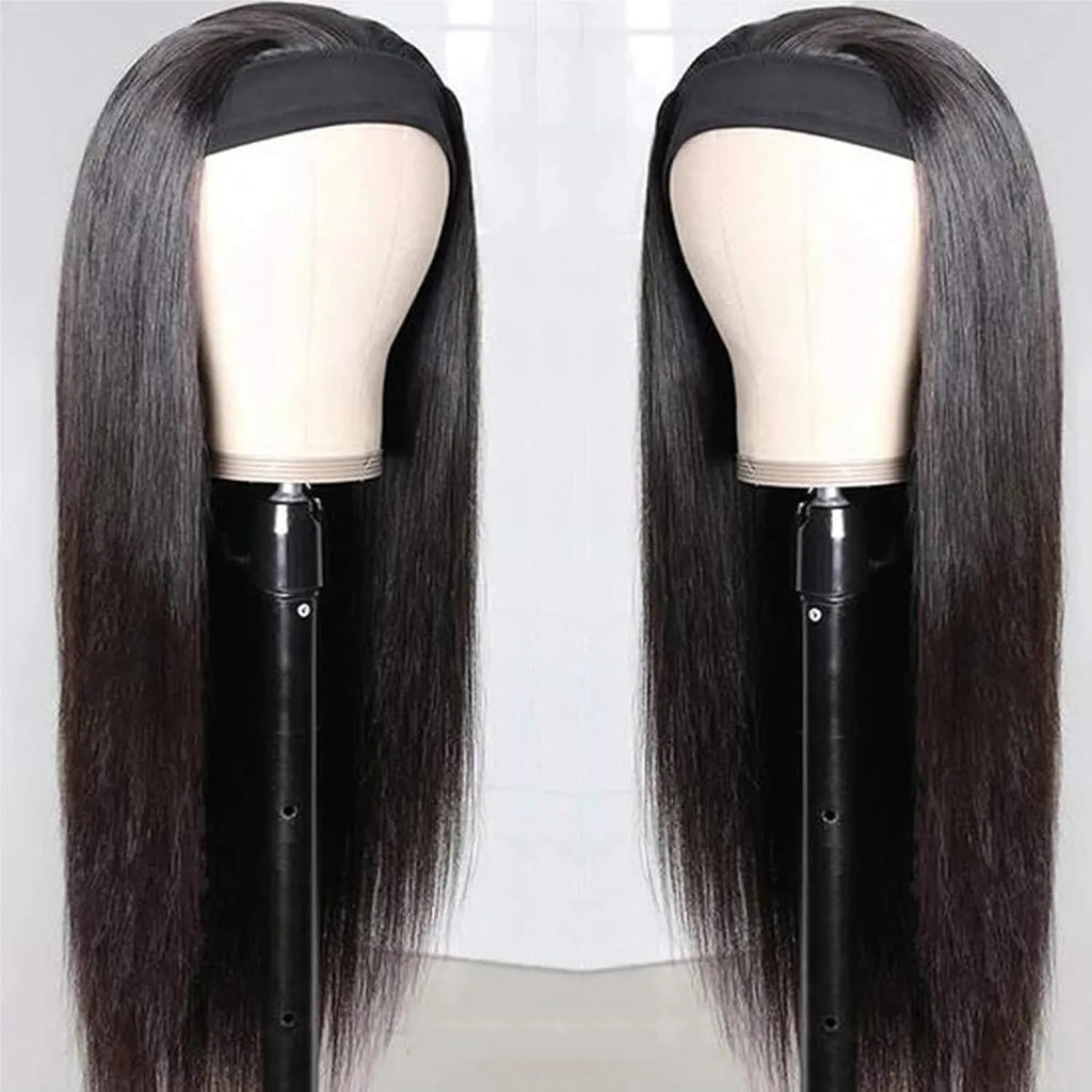 Perruque bandeau en cheveux humains lisses pour femmes noires, sans colle, sans lace front, cheveux vierges brésiliens, confectionnée à la machine, densité 180 %, couleur naturelle