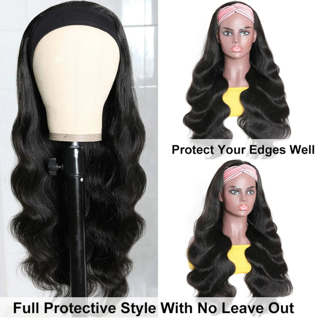Human Hair Body Wave Headband Wigs for Black Women Brazilian Virgin Hair Glueless None Lace Front Wigs Headband Wig Wear and Go Wigs 180% Density