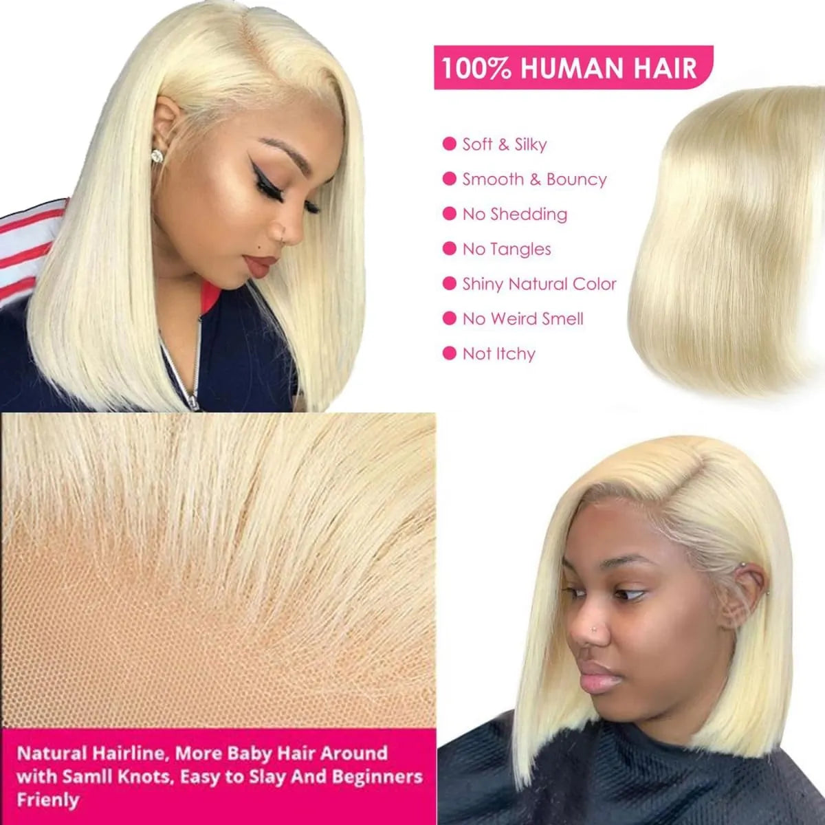 Blonde Bob Wig Human Hair Straight 613 Human Hair 12 Inch 180 Density 613 Blonde Suitable for All Hair Types 13x4 HD Transparent Lace Wigs for Women with Baby Hair