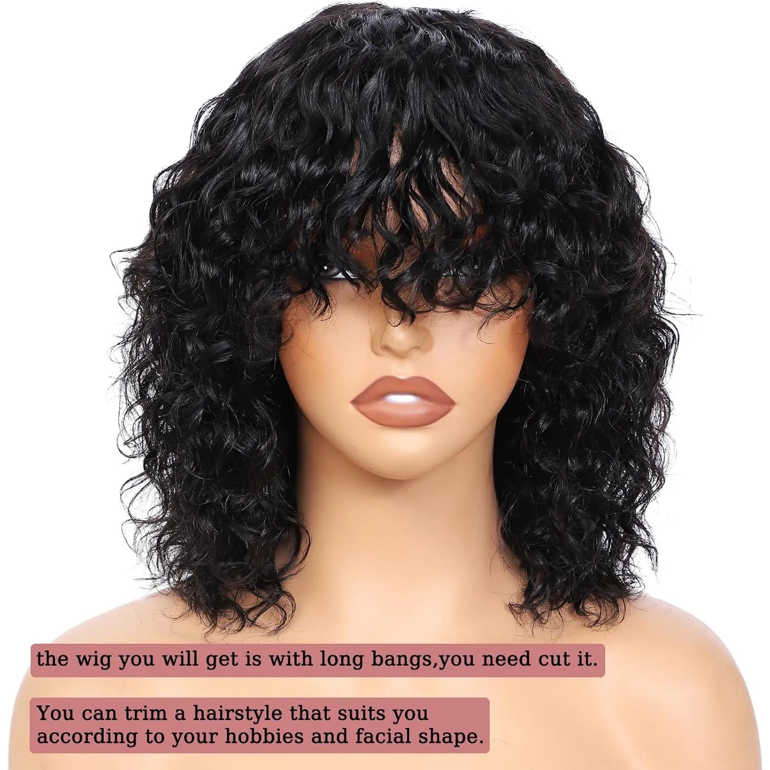 glueless short water wave human hair wig with bangs 200% density 100 percent human hair no lace wet and wavy wigs for black women 12 inch natural color curly hair