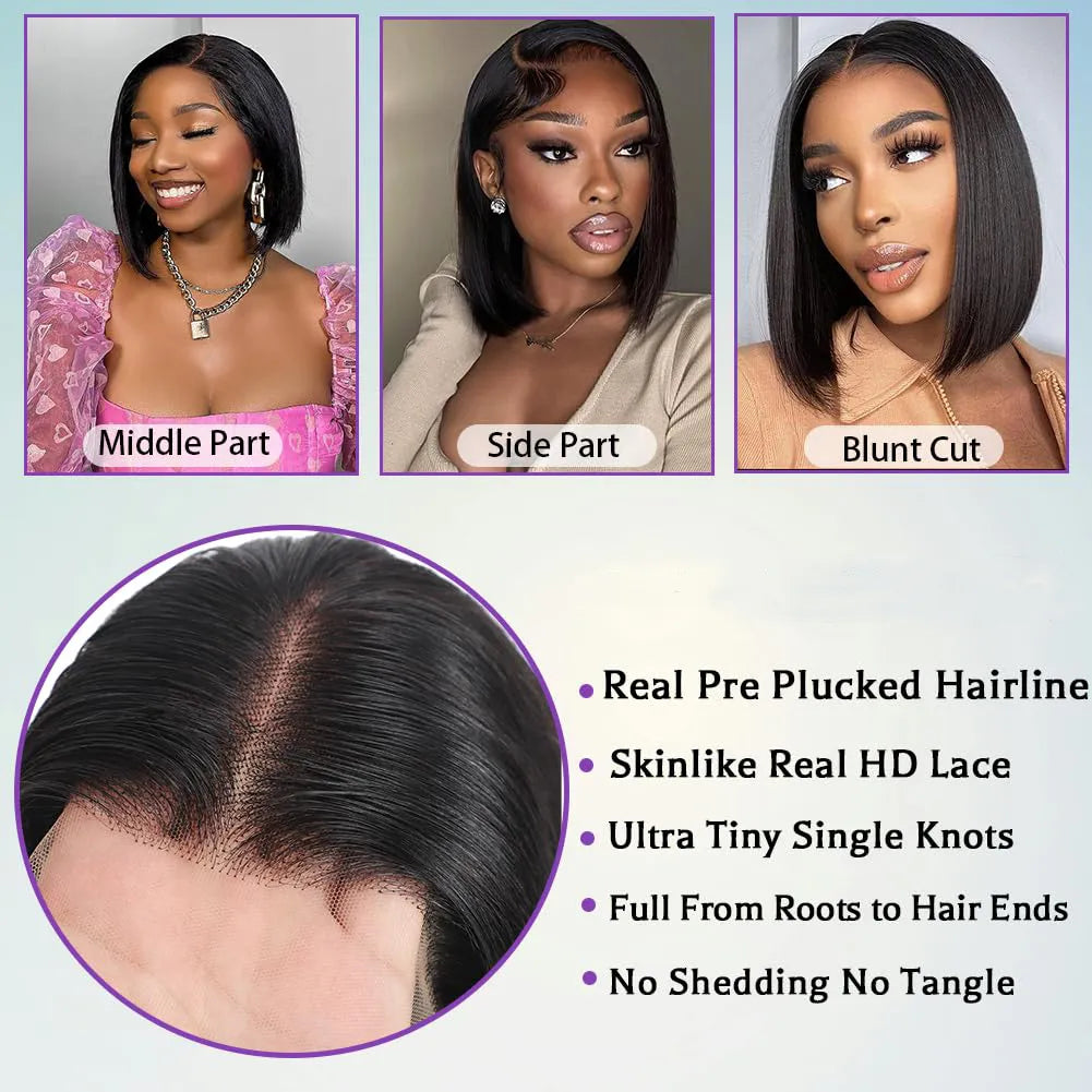 Bob Wig Human Hair 13x4 Hd Transparent Lace Front Wigs, Pre Plucked Glueless Wig 180% Density Short Straight Bob Wigs For Women