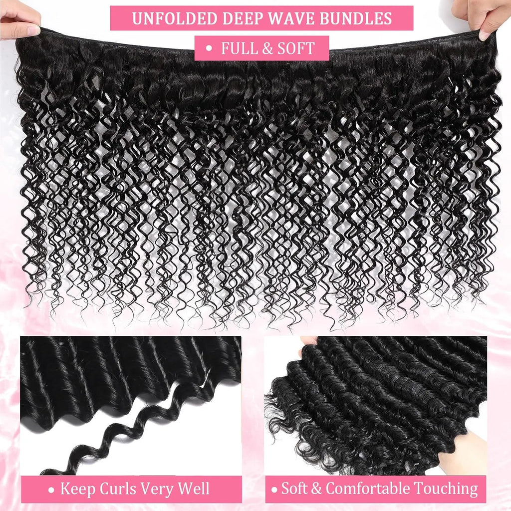 Extensions Deep Wave en cheveux humains bouclés 12A, 100 % naturels, effet mouillé et ondulé, style brésilien, 3 mèches pour femmes noires.