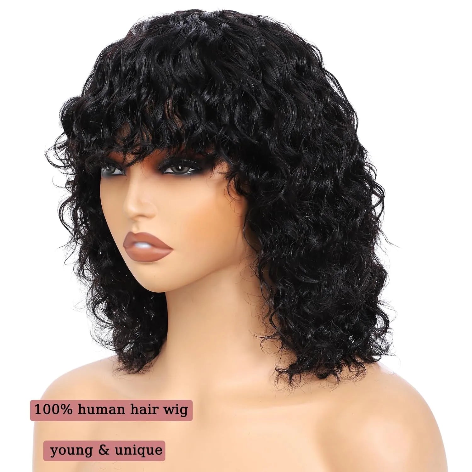glueless short water wave human hair wig with bangs 200% density 100 percent human hair no lace wet and wavy wigs for black women 12 inch natural color curly hair