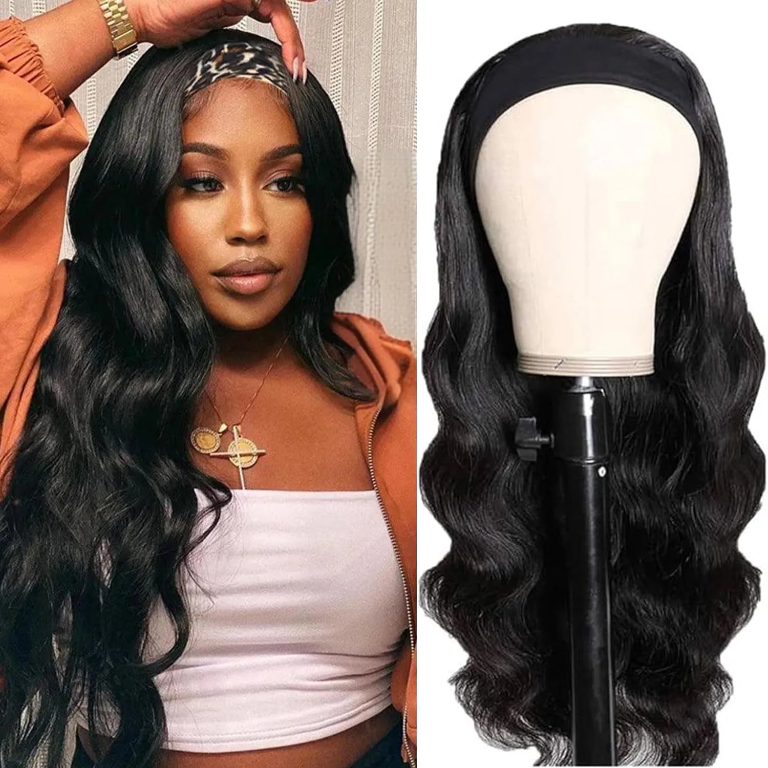 Headband Wig Human Hair Body Wave Wigs for Black Women Brazilian Virgin Hair Wear and Go Glueless Wig None Lace Front Wigs for Beginners 180% Density Natural Black Color