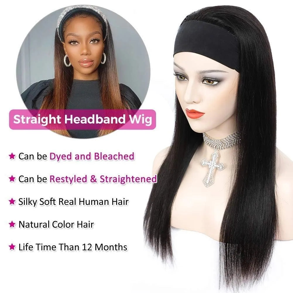 Perruque bandeau en cheveux humains lisses pour femmes noires, sans colle, sans lace front, cheveux vierges brésiliens, confectionnée à la machine, densité 180 %, couleur naturelle