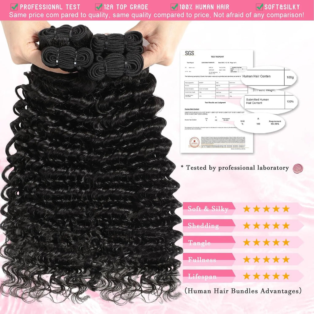 Extensions Deep Wave en cheveux humains bouclés 12A, 100 % naturels, effet mouillé et ondulé, style brésilien, 3 mèches pour femmes noires.