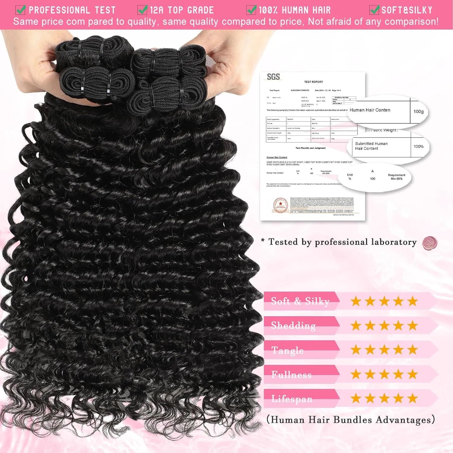 Extensions Deep Wave en cheveux humains bouclés 12A, 100 % naturels, effet mouillé et ondulé, style brésilien, 3 mèches pour femmes noires.
