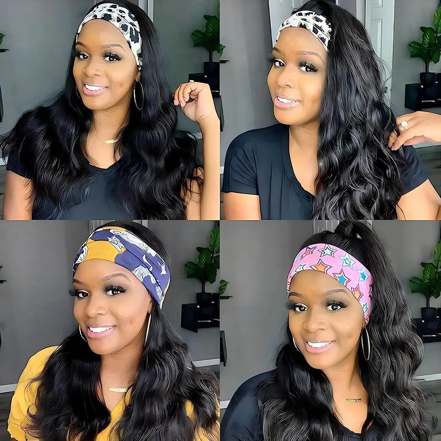 Headband Wig Human Hair Body Wave Wigs for Black Women Brazilian Virgin Hair Wear and Go Glueless Wig None Lace Front Wigs for Beginners 180% Density Natural Black Color