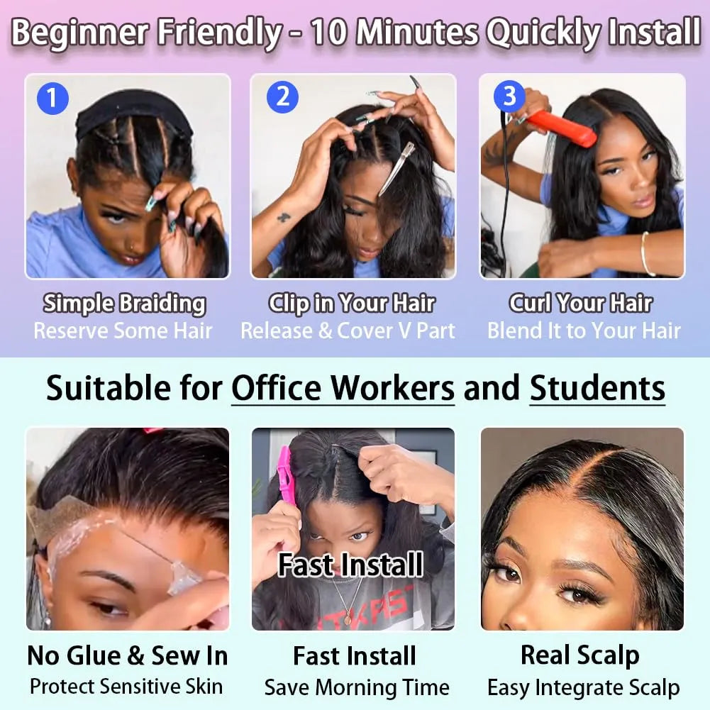 v part wig human hair body wave upgrade u part glueless wigs human hair pre plucked pre cut for black women 180% density 4x4x1 inch middle net clip in half wig natural black