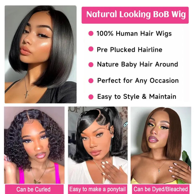 Perruque Bob 13x4 HD Transparent Lace Front 100% Cheveux Humains Pré-épilée Densité 180% Coupe Bob Courte Sans Colle Lisse Cheveux Humains pour Femmes Noir Naturel