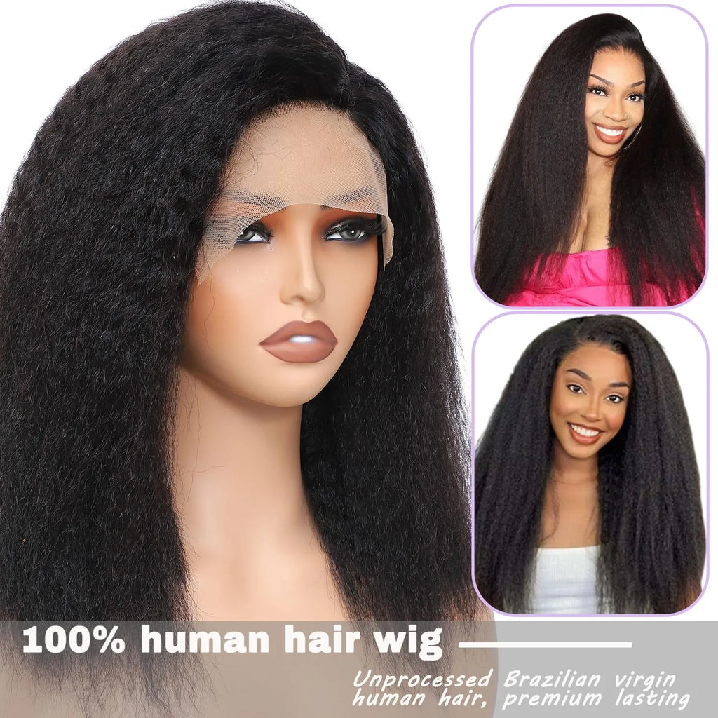 Perruque en cheveux humains lisses et crépus, raie en C, bordure en dentelle 6x4x1, 100 % cheveux humains vierges brésiliens, densité 180 %, perruque lisse et bouclée de type yaki pour femmes noires, couleur noire naturelle