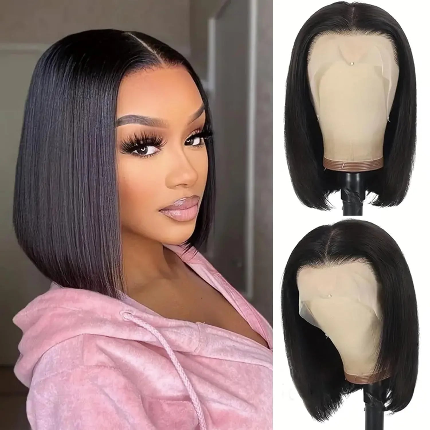 Bob Wig Human Hair 180% Density 13x4 HD Transparent Lace Front Wigs Pre Plucked Short Bob Glueless Straight Wigs for Women Natural Black