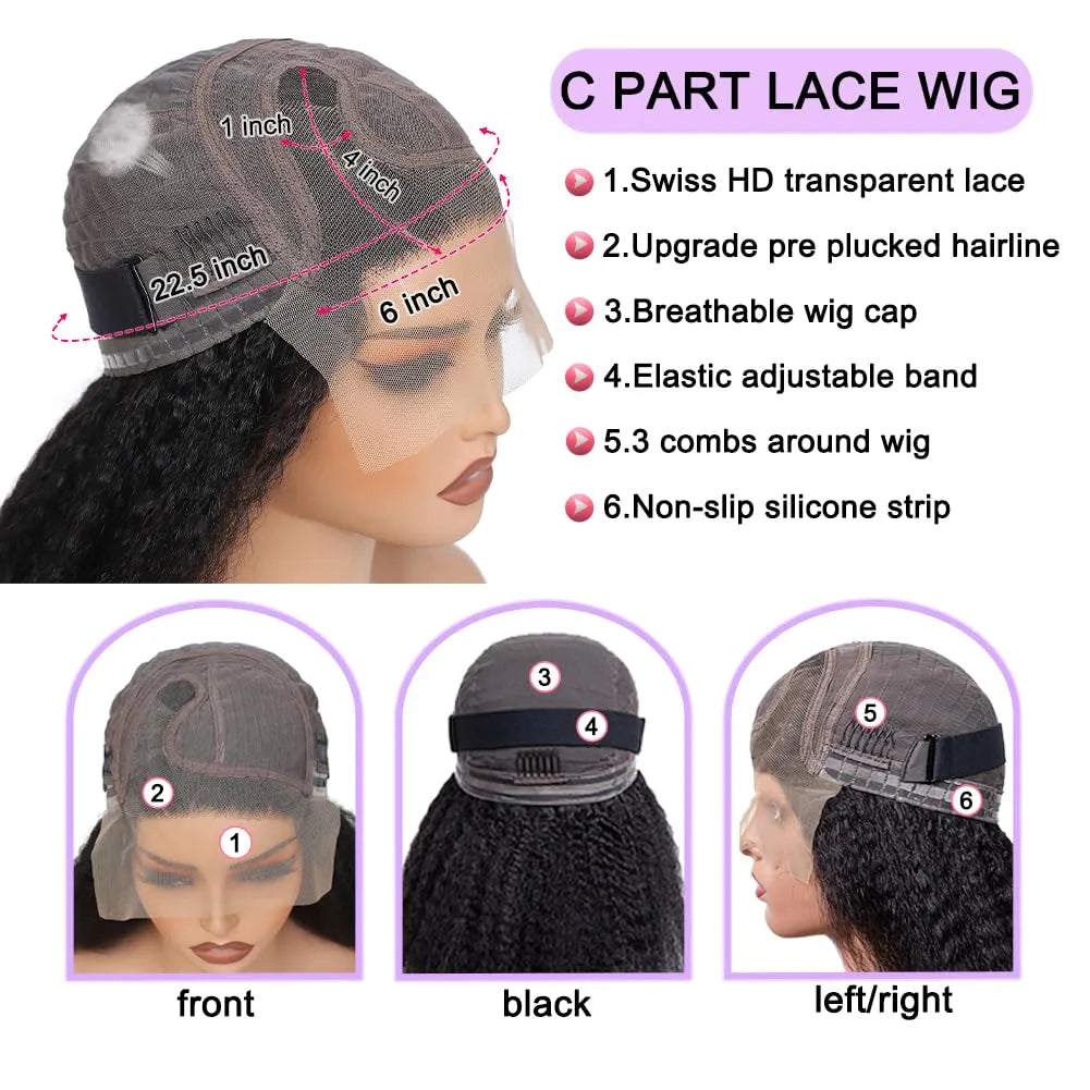 Perruque en cheveux humains lisses et crépus, raie en C, bordure en dentelle 6x4x1, 100 % cheveux humains vierges brésiliens, densité 180 %, perruque lisse et bouclée de type yaki pour femmes noires, couleur noire naturelle