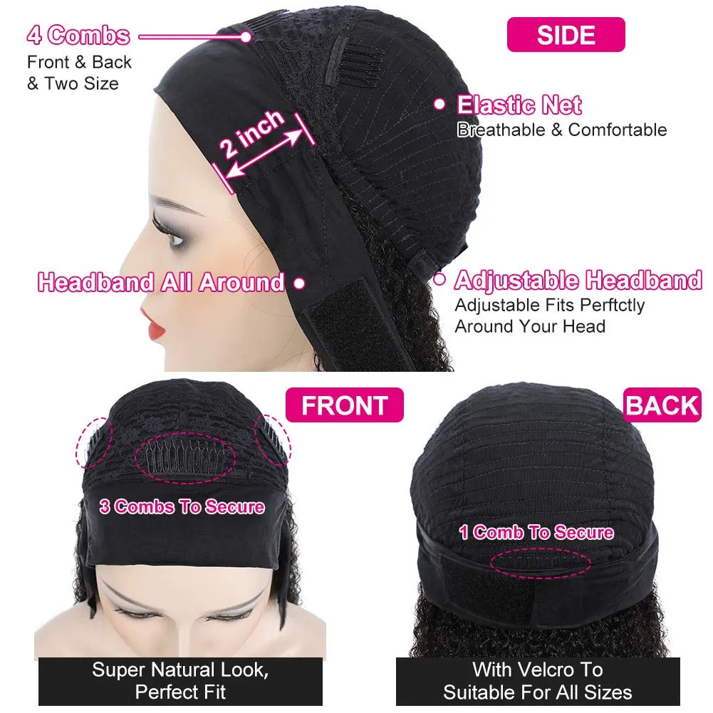 Perruques à bandeau bouclé crépu, cheveux humains pour femmes noires, sans colle, densité 180, style brésilien, foulard, sans dentelle frontale, boucles profondes