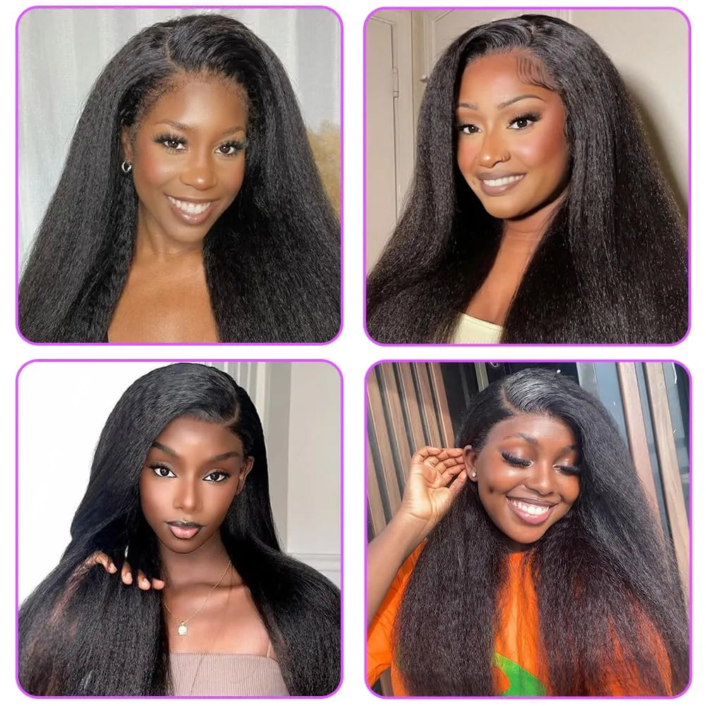 Perruque en cheveux humains lisses et crépus, raie en C, bordure en dentelle 6x4x1, 100 % cheveux humains vierges brésiliens, densité 180 %, perruque lisse et bouclée de type yaki pour femmes noires, couleur noire naturelle