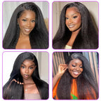 Perruque en cheveux humains lisses et crépus, raie en C, bordure en dentelle 6x4x1, 100 % cheveux humains vierges brésiliens, densité 180 %, perruque lisse et bouclée de type yaki pour femmes noires, couleur noire naturelle