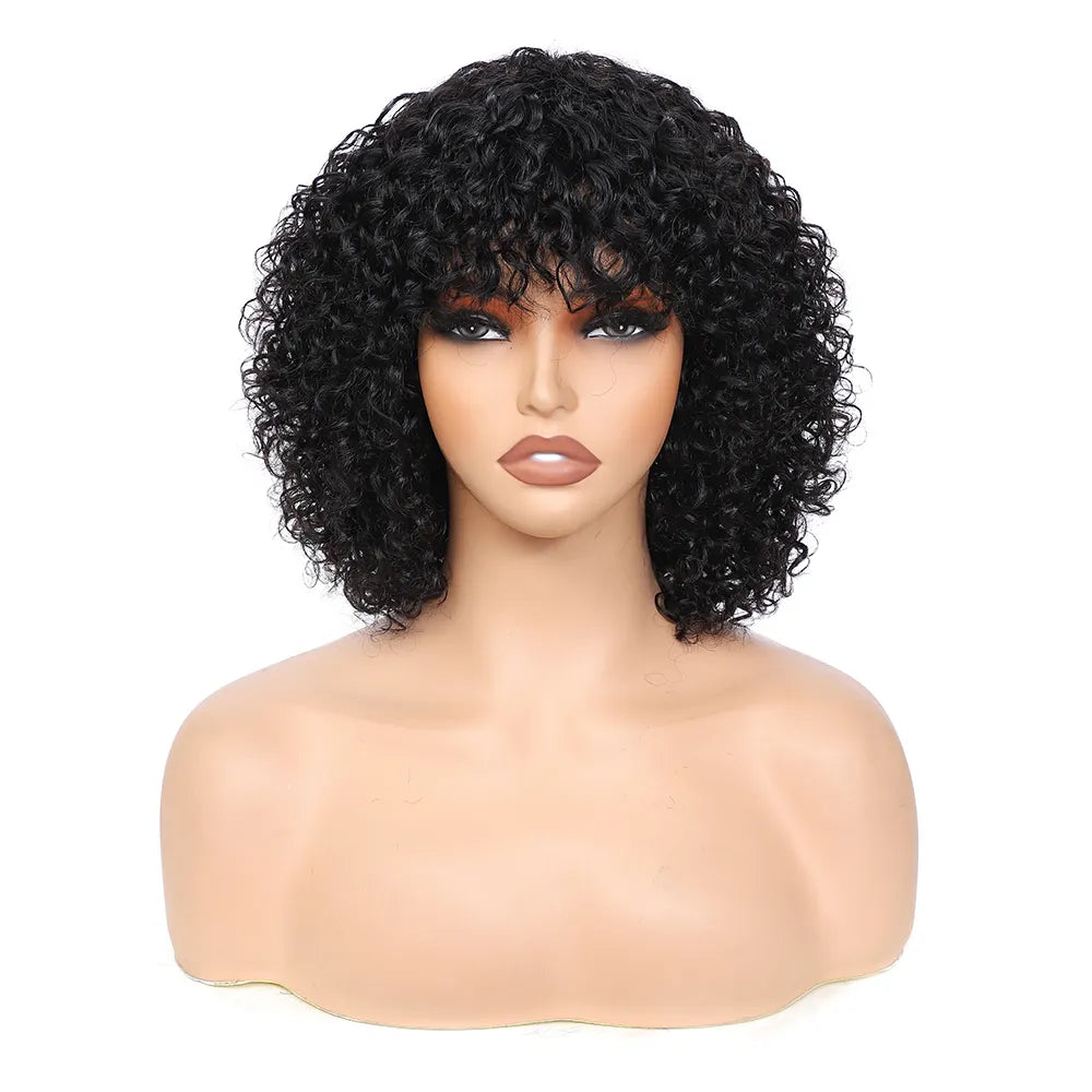 human wigs 200% density short kinky curly wave wig with bangs for black women 100% brazilian virgin human hair wigs machine made glueless wig natral black