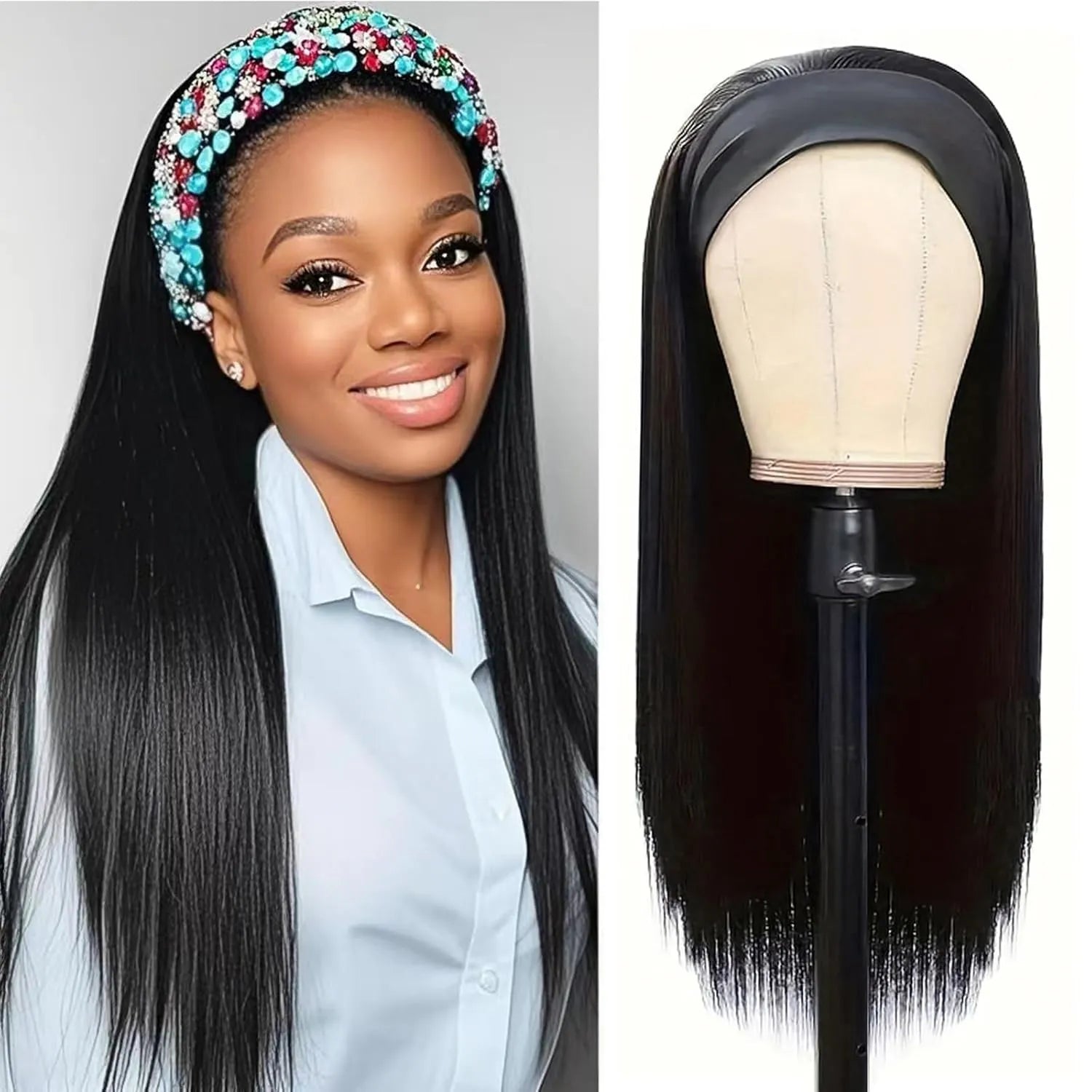 Perruque bandeau en cheveux humains lisses pour femmes noires, sans colle, sans lace front, cheveux vierges brésiliens, confectionnée à la machine, densité 180 %, couleur naturelle