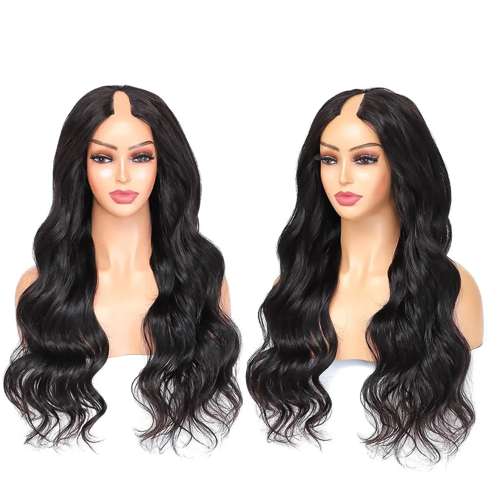 v part wig human hair body wave upgrade u part glueless wigs human hair pre plucked pre cut for black women 180% density 4x4x1 inch middle net clip in half wig natural black