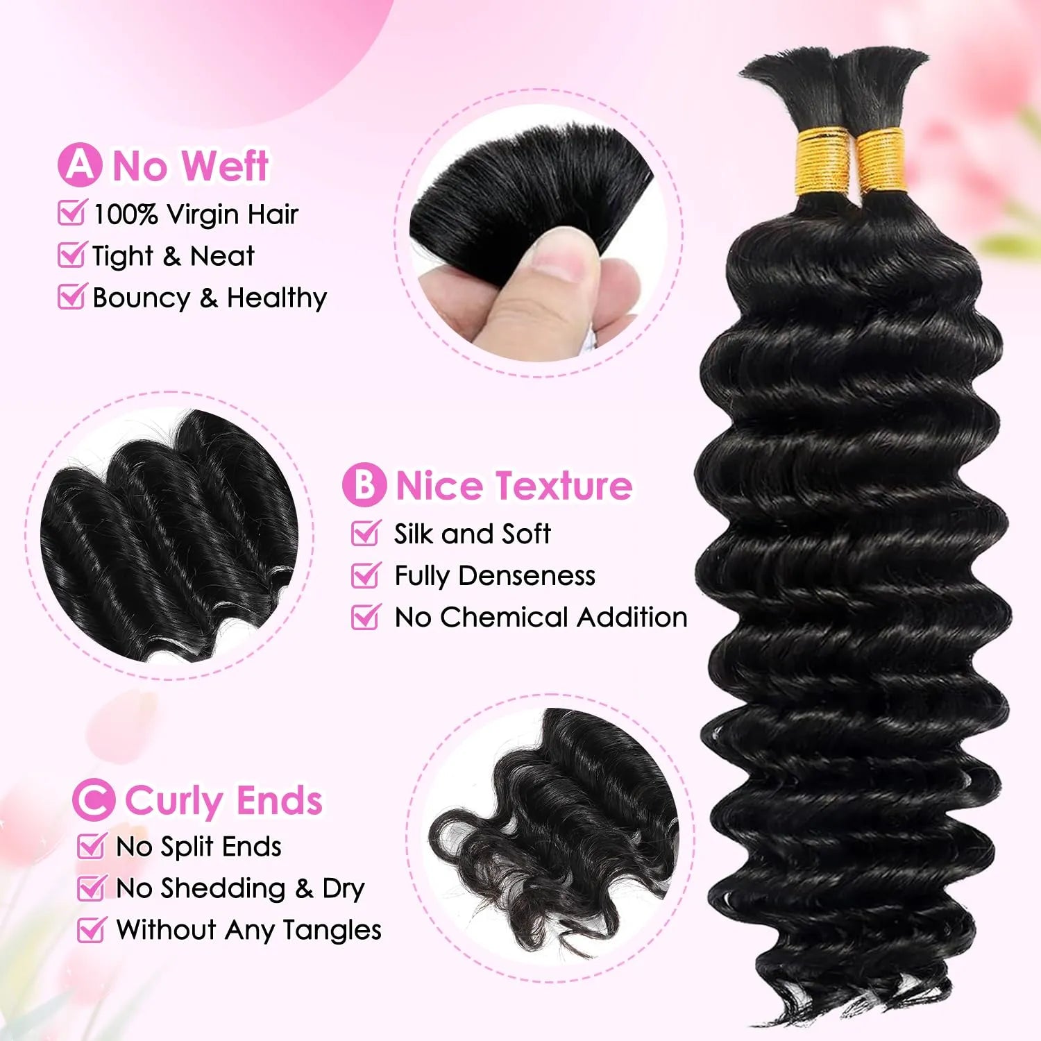 Cheveux humains à tresser pour tresses bohèmes, 45 cm (18 pouces), 100 g, 2 paquets/ensemble, bouclés, ondulés, 12A, brésiliens vierges, sans trame, sans nœuds, en vrac