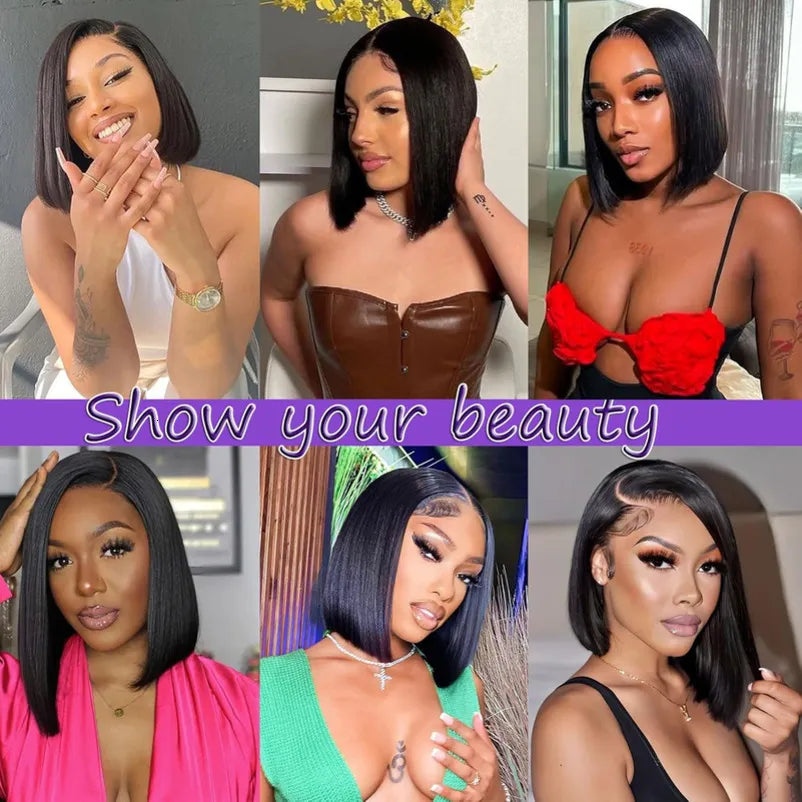 Perruque Bob 13x4 HD Transparent Lace Front 100% Cheveux Humains Pré-épilée Densité 180% Coupe Bob Courte Sans Colle Lisse Cheveux Humains pour Femmes Noir Naturel